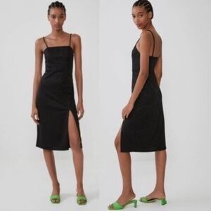 Zara Women S Leaf Print Sleeveless Front Slit Textured Weave Midi Slip Dress NWT